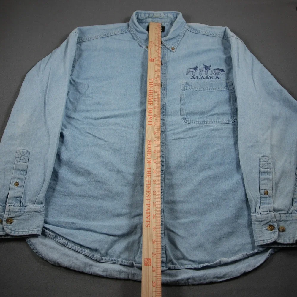 Alaska Wildlife Shamry Denim Embroidered Denim Men L Shirt Vintage Cabin Nature